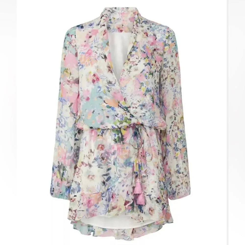 Rococo Sand Floral Leila Metallic Stars Mini Dress Sz XS Wrap Viscose Lined NWT